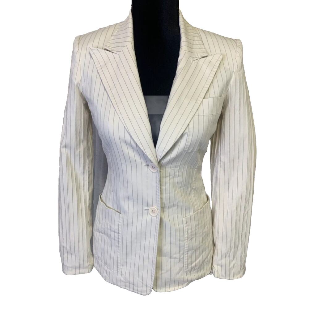 Vtg Anne Klein Womens Sport Coat Size 2 White w/ Stripes Preppy Office Academia